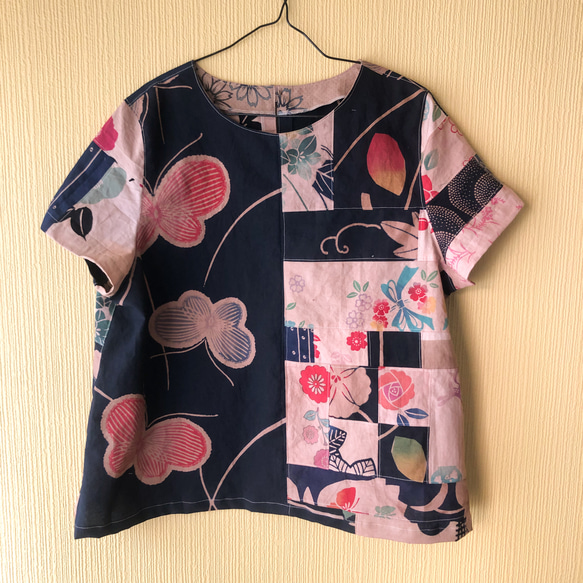 柿渋染め 浴衣地リメイク Aライン パッチワーク 半袖ブラウス ブラウス  
