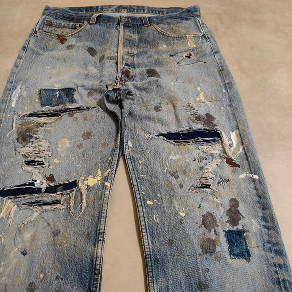 W36表記 リペアカスタム usa製 リーバイス 501 リメイクデニム ビンテージジーンズ グランジデニム ダメージ 