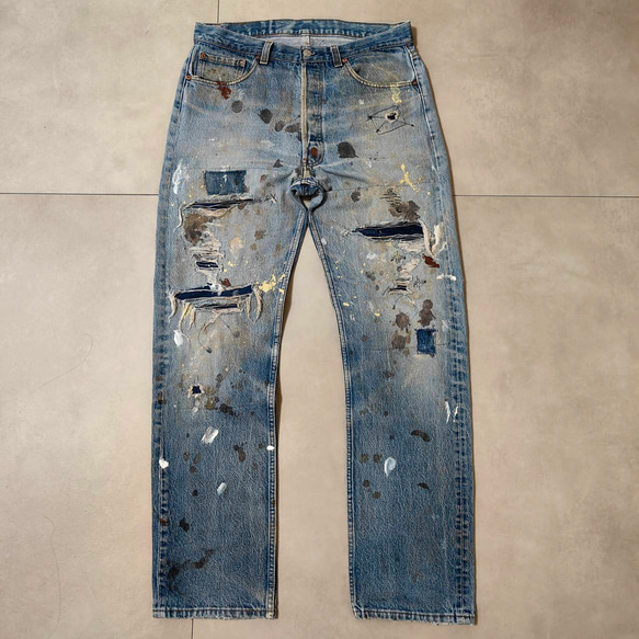 W36表記 リペアカスタム usa製 リーバイス 501 リメイクデニム ビンテージジーンズ グランジデニム ダメージ 