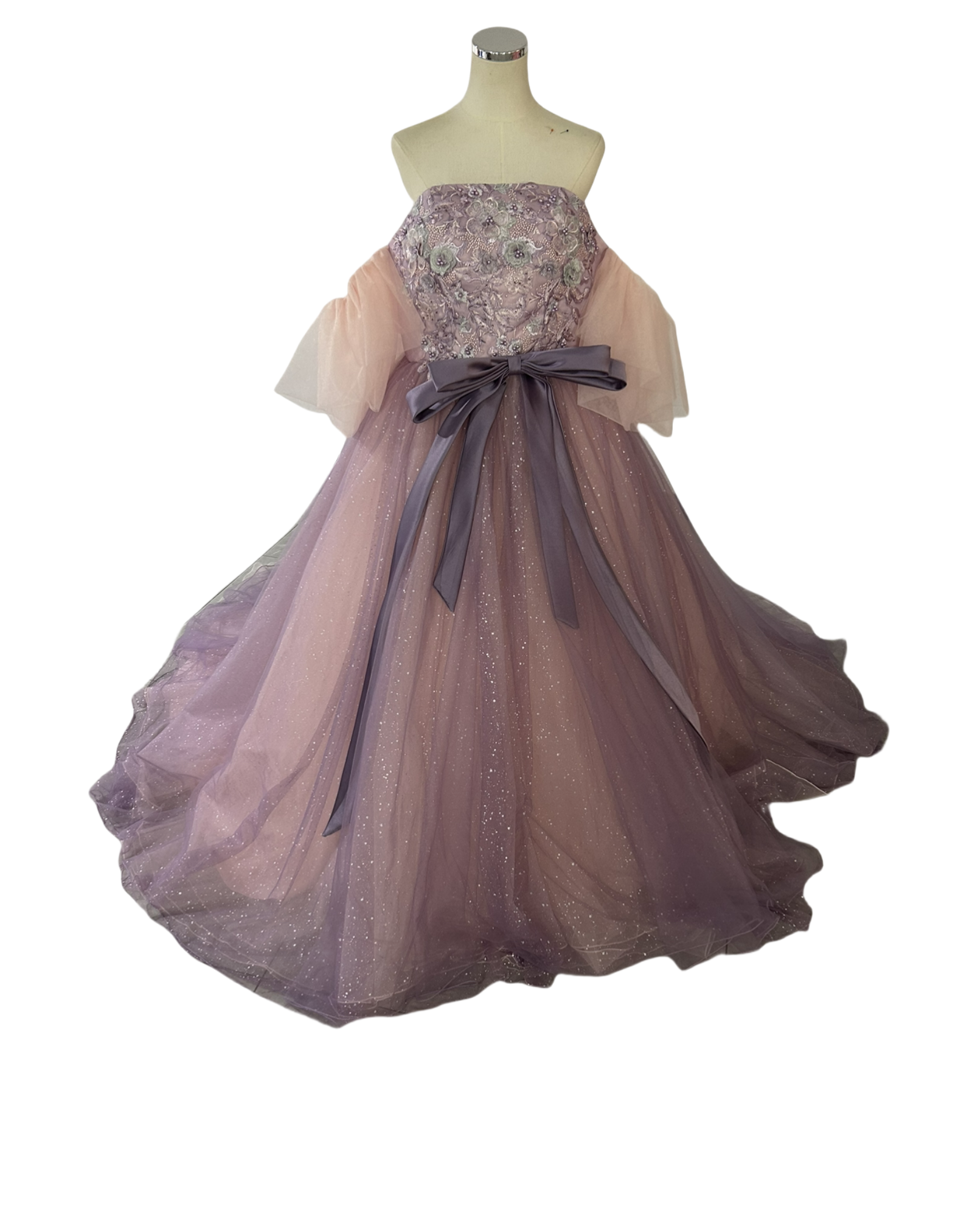 カラードレス パープル 3D立体レース刺繍 編み上げ 華やかなトレーン 派手な ブライダル 花嫁/ウェディングドレス