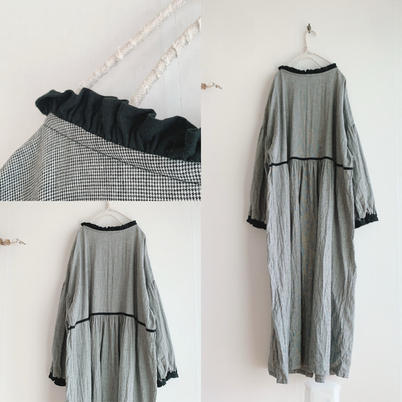 受注制作＋千鳥格子のワンピース＋バルーン袖のワンピース＋千鳥格子＋ぽわん袖☆綿麻＋モノトーン＋オーダーメイド＋限定販売＋ *⋆ 60cm 65cm