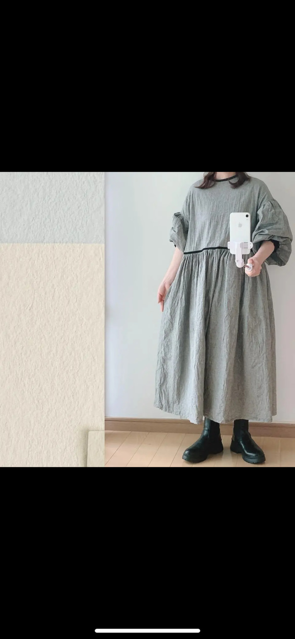 受注制作＋千鳥格子のワンピース＋バルーン袖のワンピース＋千鳥格子＋ぽわん袖☆綿麻＋モノトーン＋オーダーメイド＋限定販売＋ *⋆ 60cm 65cm