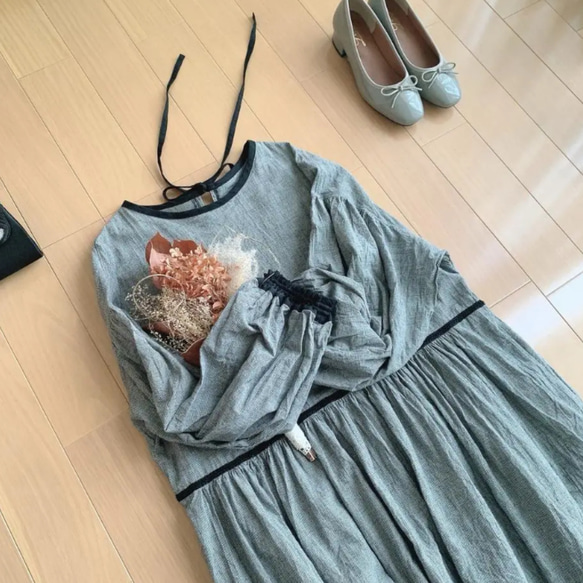 受注制作＋千鳥格子のワンピース＋バルーン袖のワンピース＋千鳥格子＋ぽわん袖☆綿麻＋モノトーン＋オーダーメイド＋限定販売＋ *⋆ 60cm 65cm