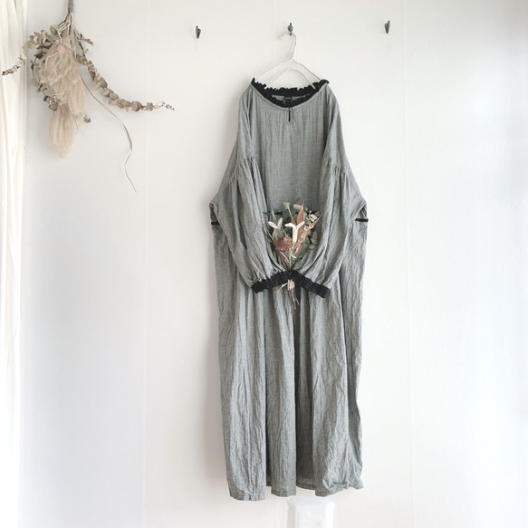 受注制作＋千鳥格子のワンピース＋バルーン袖のワンピース＋千鳥格子＋ぽわん袖☆綿麻＋モノトーン＋オーダーメイド＋限定販売＋ *⋆ 60cm 65cm