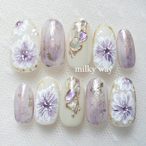 No.30くすみパープル×手描きフラワーオーダーネイルチップ 成人式