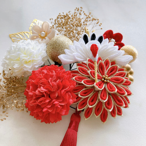 つまみ細工 髪飾り 赤×アイボリー 14点セット】 成人式 前撮り 卒業式