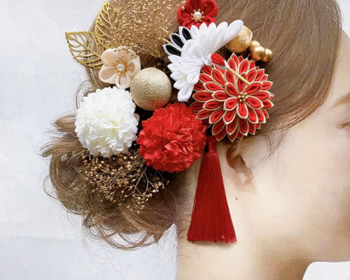 つまみ細工 髪飾り 赤×アイボリー 14点セット】 成人式 前撮り 卒業式
