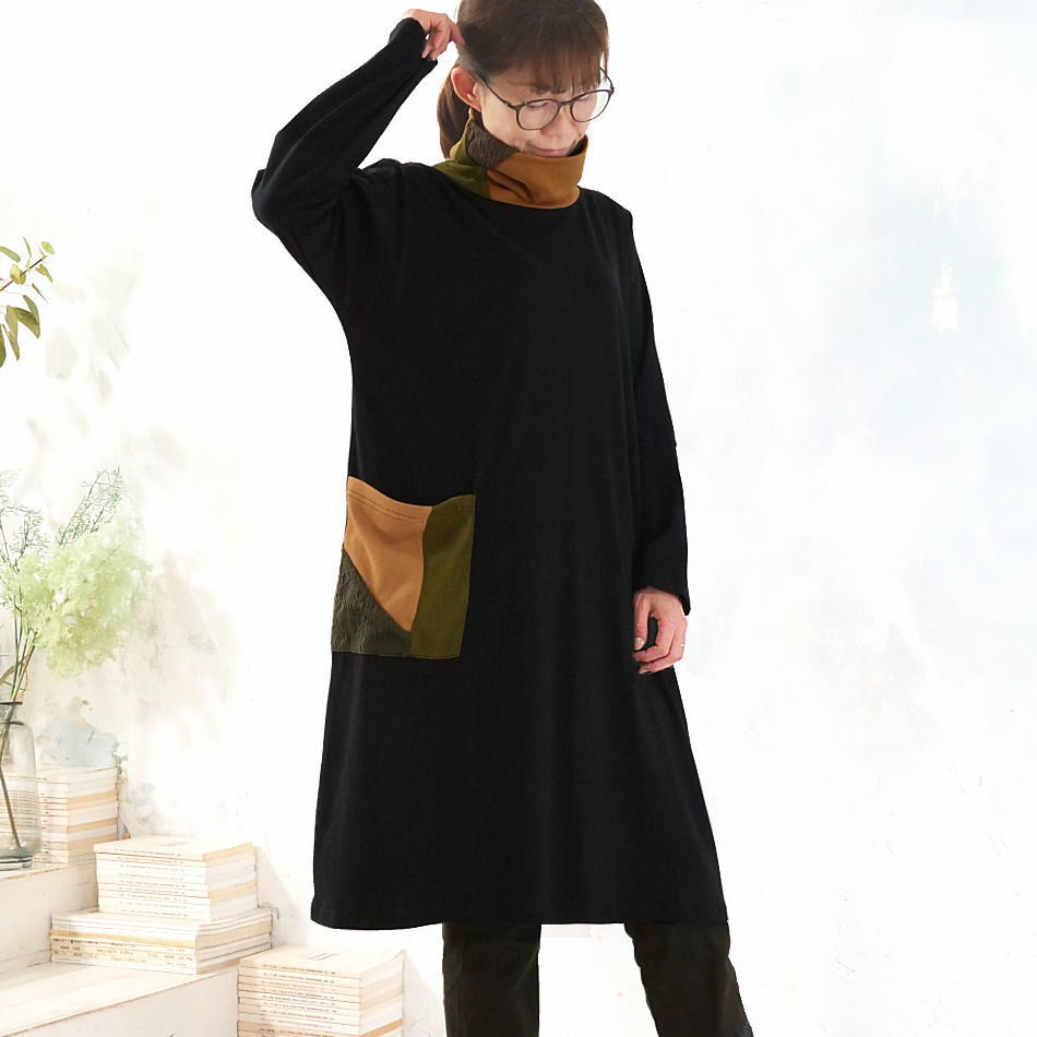 配色切り替え＊フレアシルエット＊ドルマンスリーブ＊ハイネックワンピース＊チュニック＊B