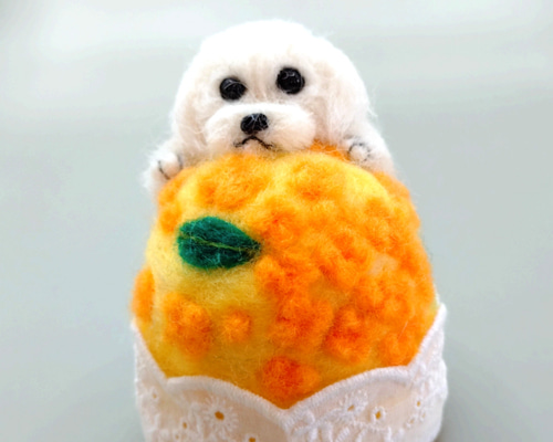 羊毛フェルト マルチーズと金木犀のピンクッション 羊毛フェルト