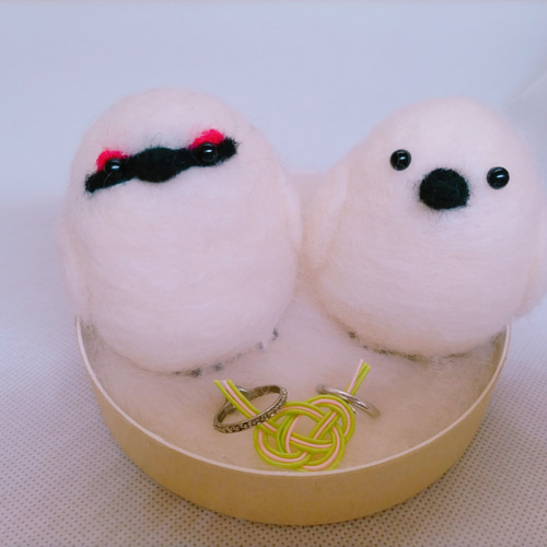 冬毛雷鳥ペアセット リングピロー お祝い 羊毛フェルト みーにゃ 通販