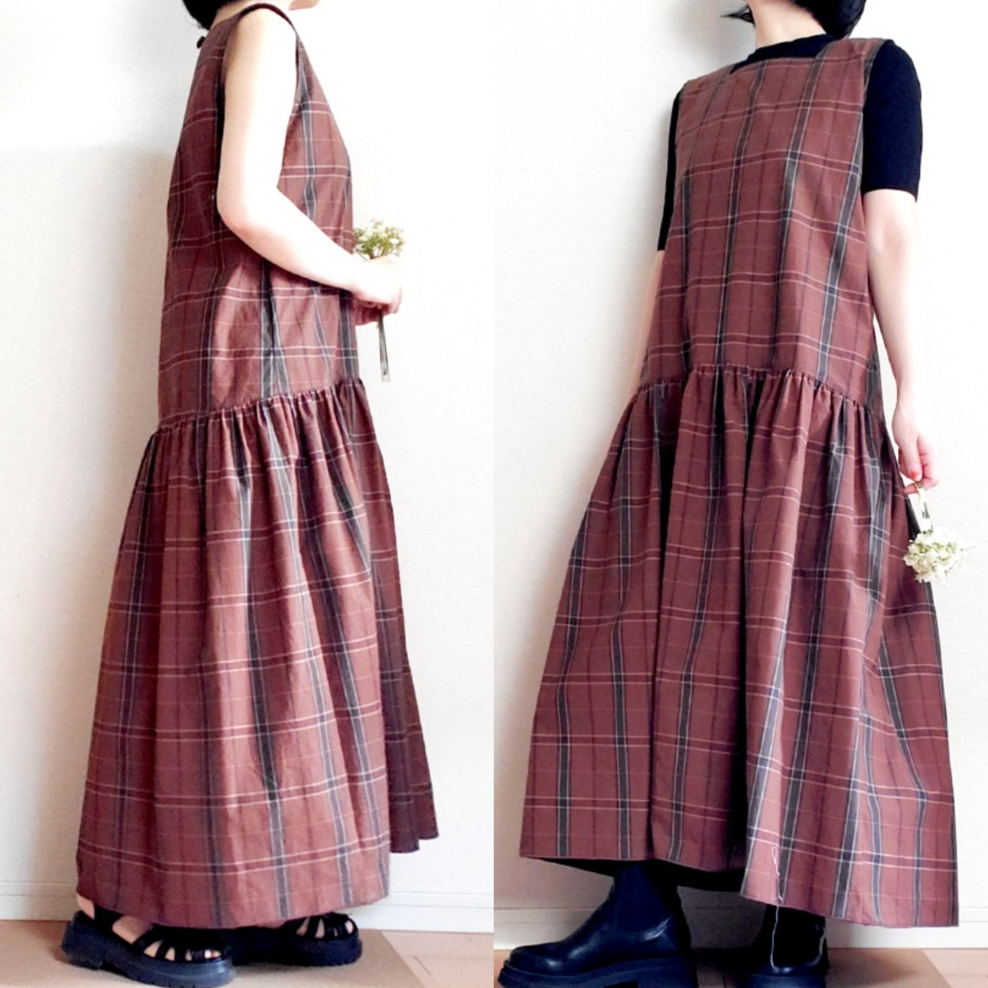 【風が通る服】着回せるローウエストが格好いい大人のギャザーワンピース　チェックcotton100%ポケット付き　限定一着