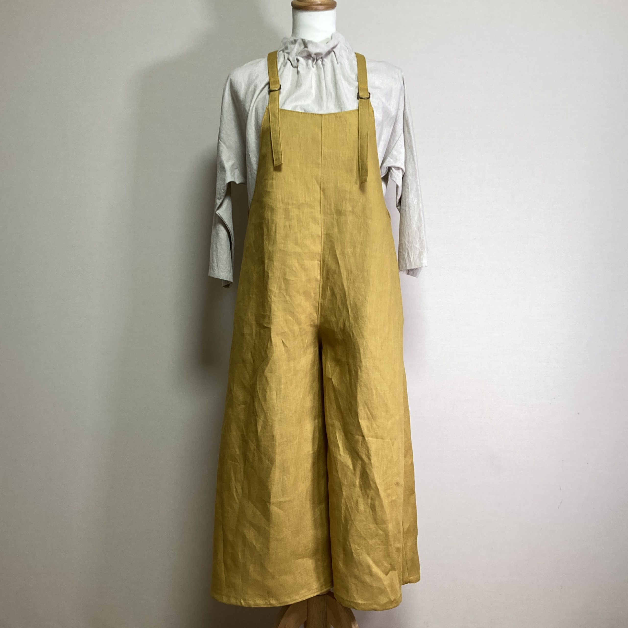 カラーリネン◆サロペットパンツ◆マスタード◆S・M・L・LL（中厚、リネン100％）