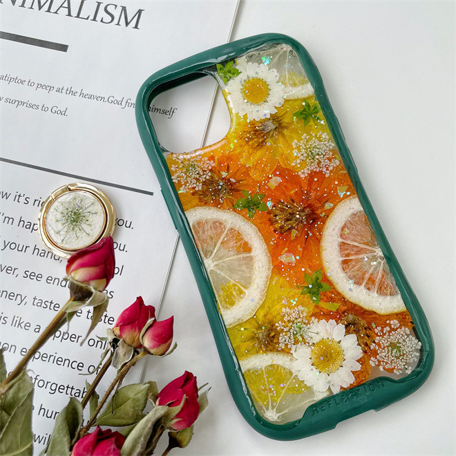 レモンiFace風押し花ケース、iPhoneのみ対応、手帳型、iPhone15、iPhone15pro、iPhone16