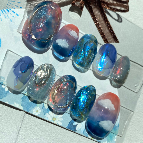 サイズオーダー】夕焼け空のネイルチップ マグネット オーロラ