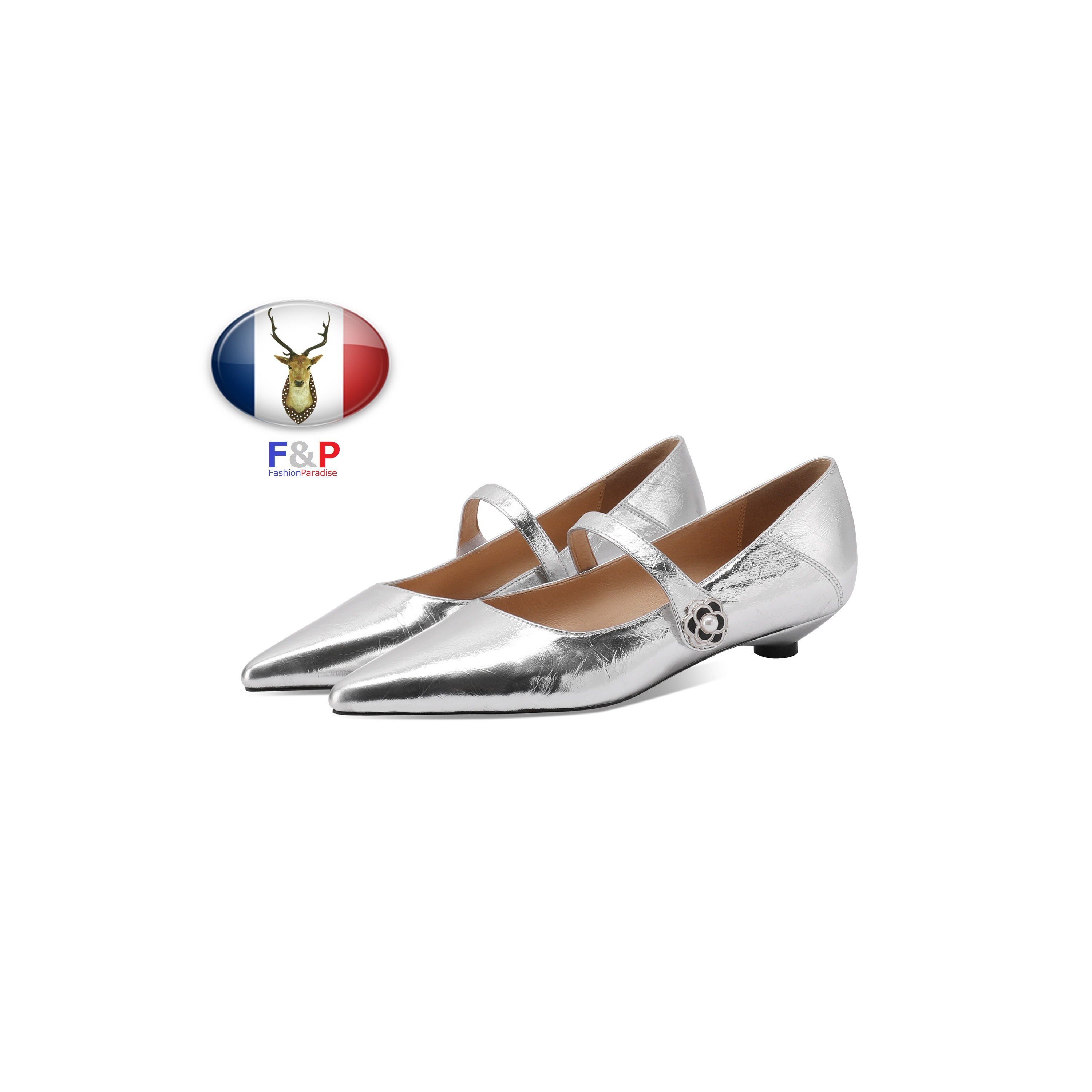 ポインテッドトゥハラコレザー甲ストラップシューズパンプスローヒール全2色