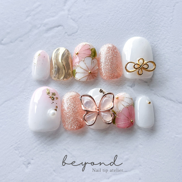 2〜3日発送 ✿淡色オレンジ和柄デザイン♪ 和花/和柄ネイル・振袖  