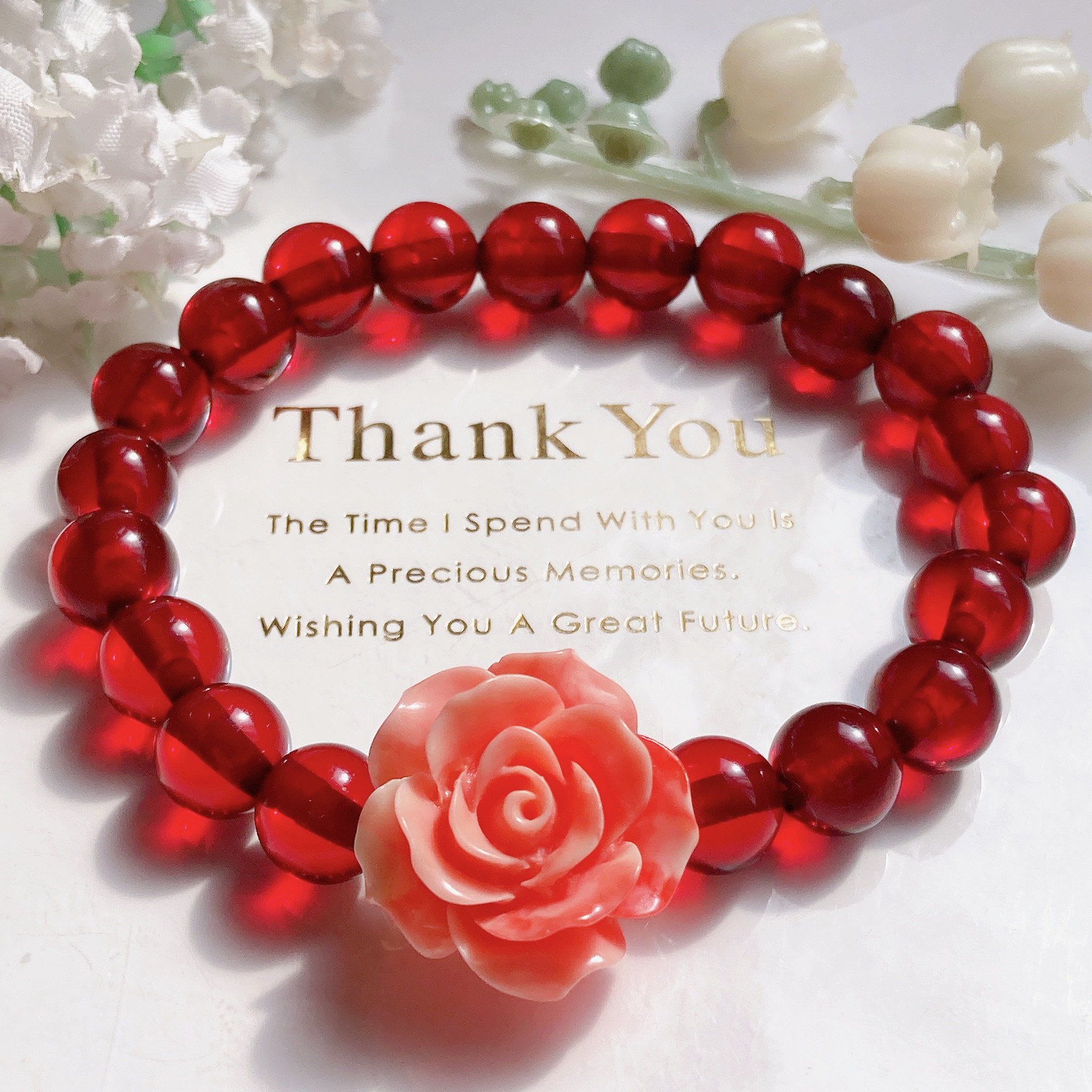 大粒珊瑚薔薇ちゃんレッドアンバー天然石ブレスレット