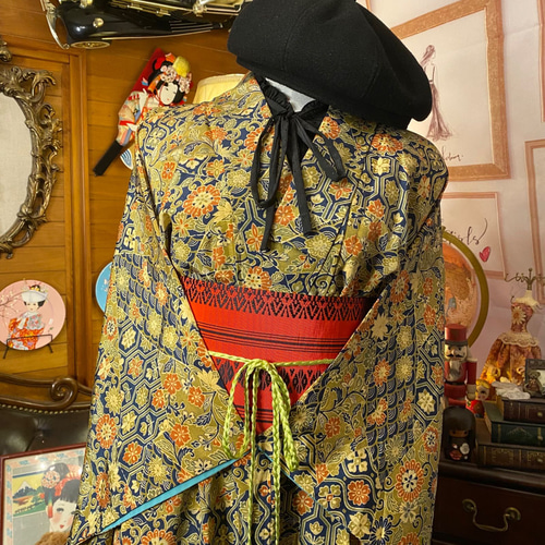 和洋折衷 着物 リメイク ワンピース ドレス 洗える 化繊 帯サッシュ