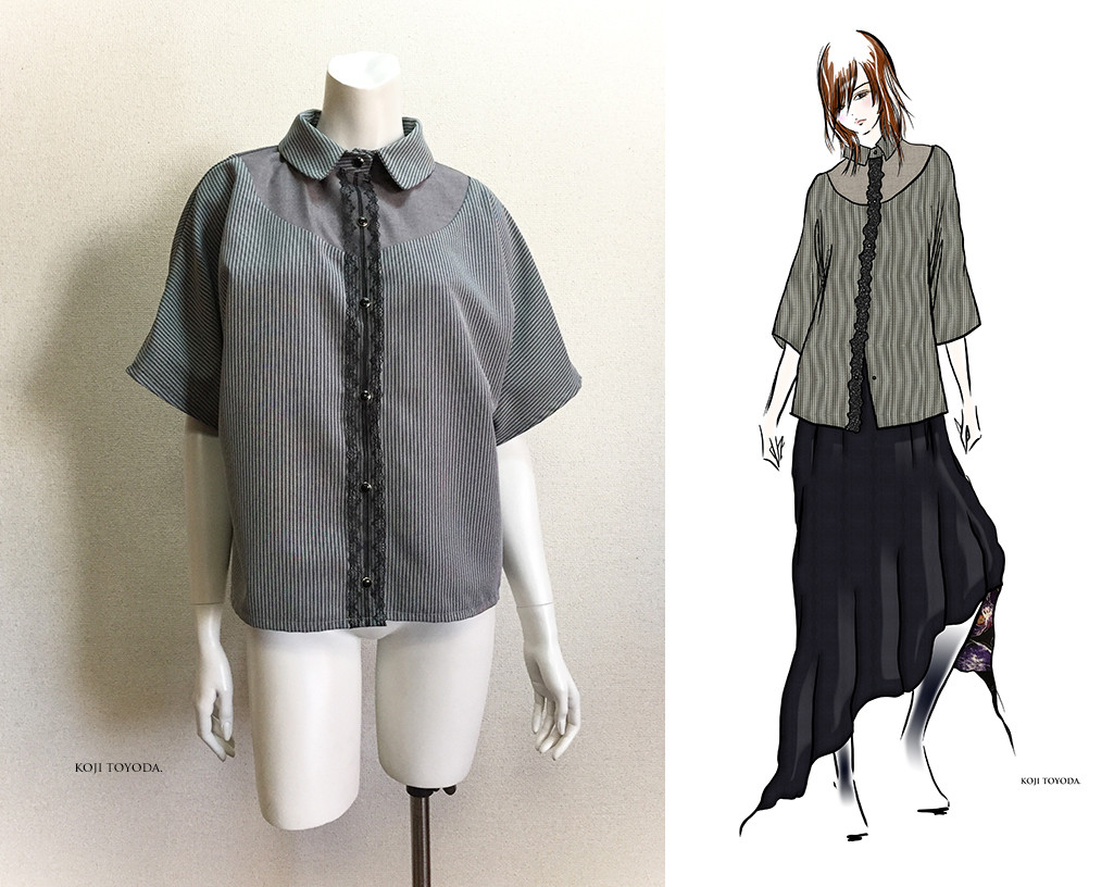 【1点もの・デザイン画付き】2種素材（ストレッチツイル＆T/C先染め）ゆったりブラウス（KOJI TOYODA） 9,600円