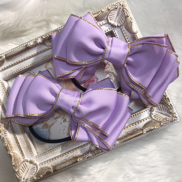 リボン ヘアゴム ヘアアクセサリー ハンドメイド 紫 2つセット