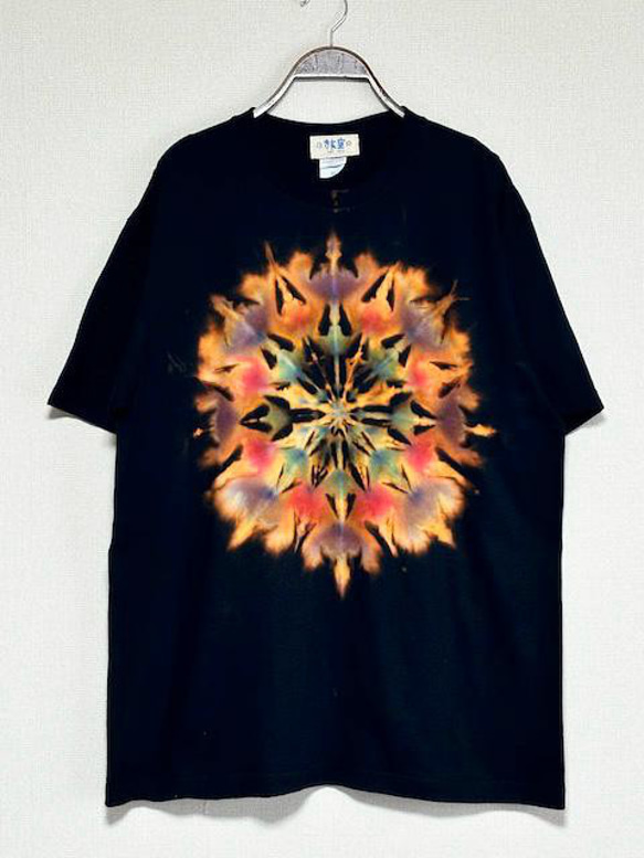 タイダイ染め Tシャツ XLサイズ ブリーチダイ 曼荼羅 ブラック Hippies