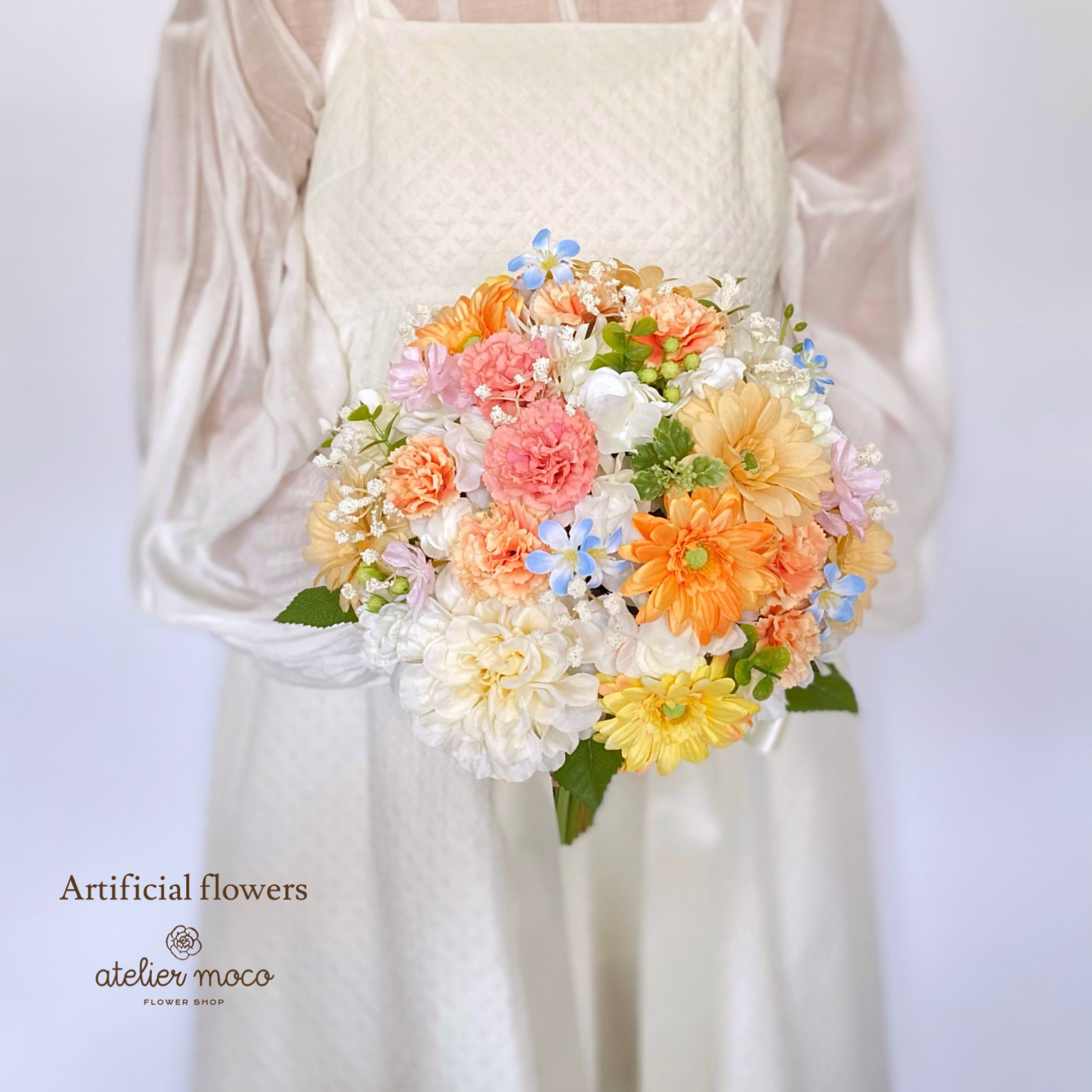 【オーダーメイド】パステル ガーベラ と ダリア のカラフル ラウンドブーケ（造花・ウェディング・結婚式・前撮り・フォト