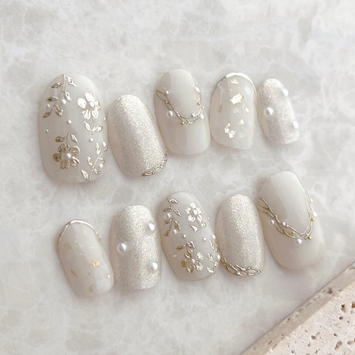 ホワイトフラワー&リーフネイル ブライダル ウェディング 結婚式 入学