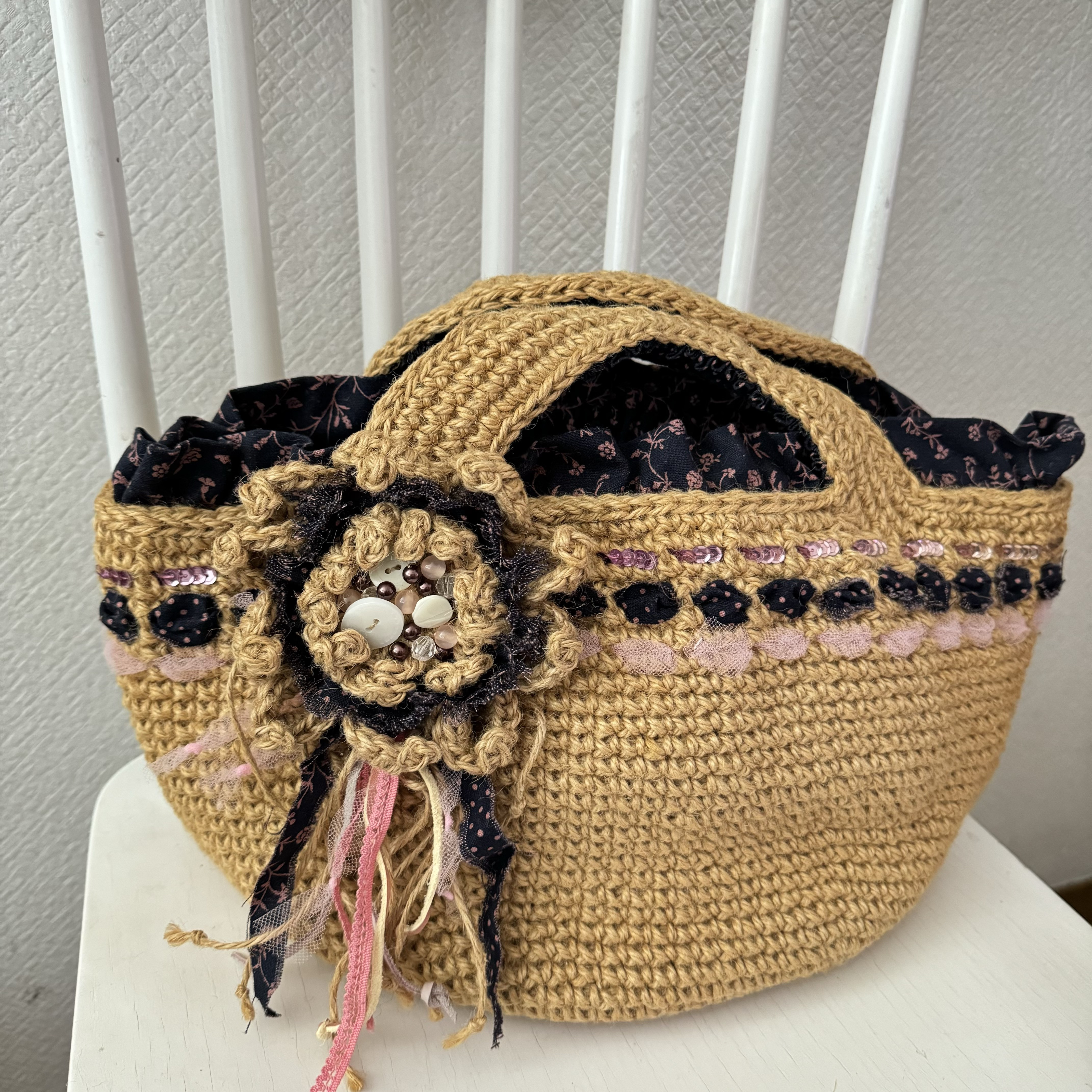 ヘンプトートバッグ　コサージュ付き　裏地　デニムプリント生地使用