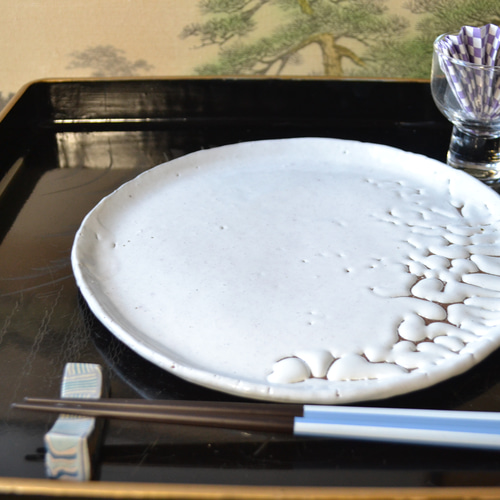萩焼　白萩　中皿　手作り1点物 再入荷！】白萩 かいらぎプレート大皿 23.5cm ワンプレート ☆萩焼き