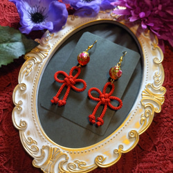 花札&タッセルピアス(イヤリング)（桜）（赤黒）和風【成人式
