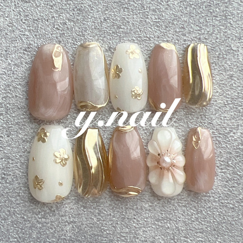 ネイルチップ/ぷっくりフラワー/ミラーフラワー/成人式/振袖/淡色  