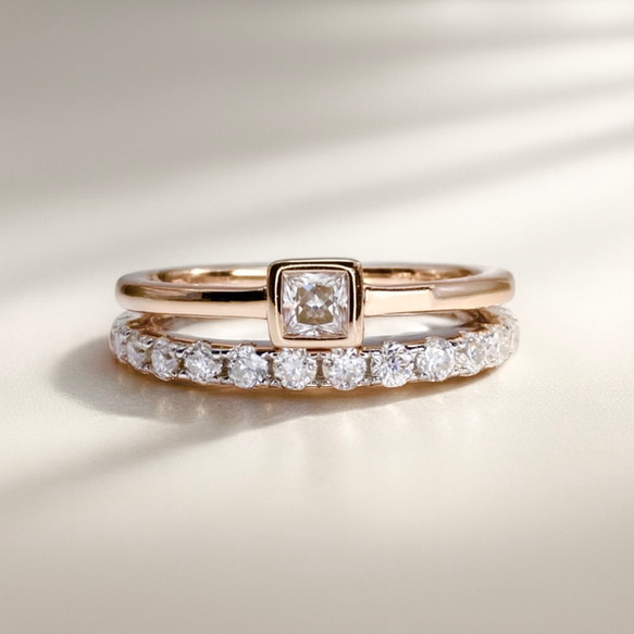 モアサナイト 重ね付けリング｜プリンセスカット4mm＆エタニティ2mm（PG×PT） 7枚目の画像