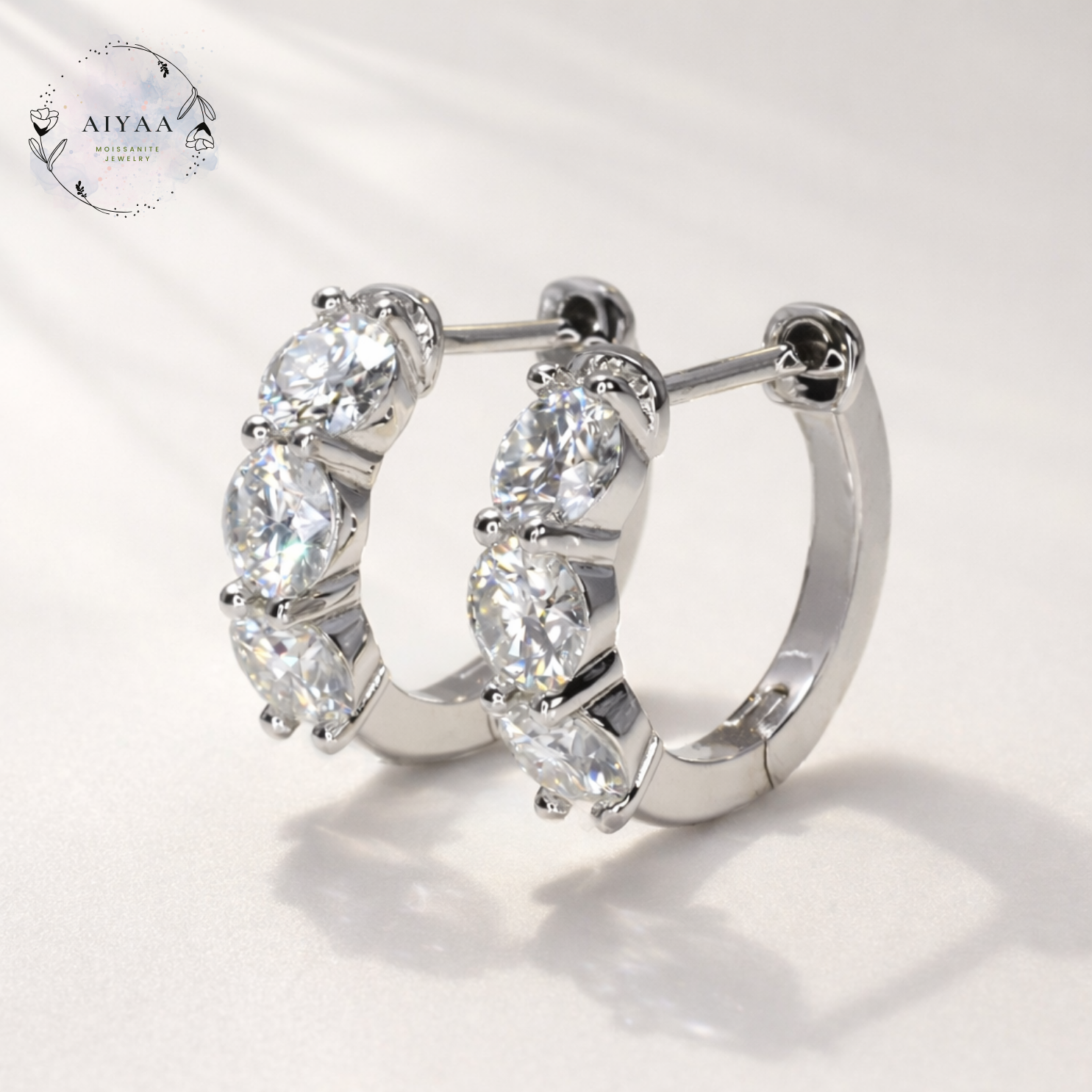 モアサナイト 3mm×6石 フープピアス｜Dカラー｜シルバー／イエロー