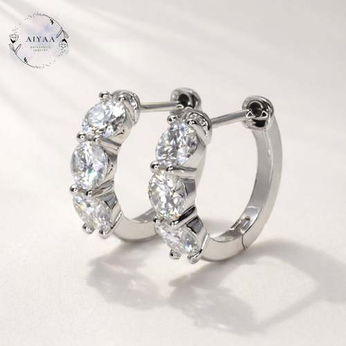 モアサナイト 3mm×6石 フープピアス｜Dカラー｜シルバー／イエロー