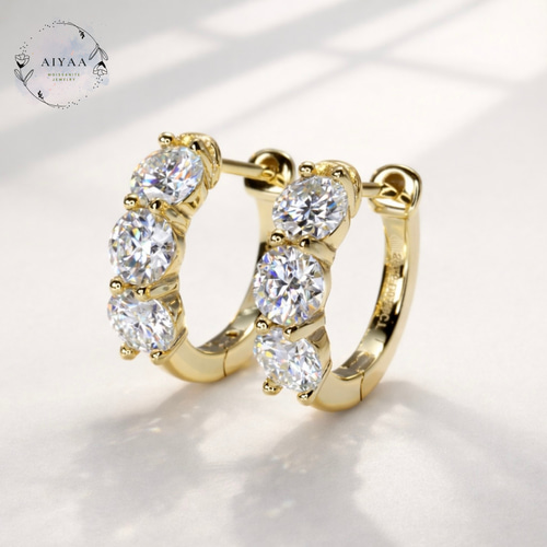 モアサナイト 3mm×6石 フープピアス｜Dカラー｜シルバー／イエロー