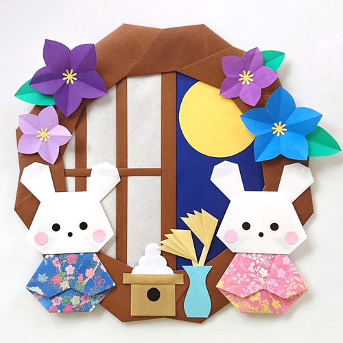 折り紙リース】うさぎのお月見 十五夜 タペストリー・壁掛け naacraft
