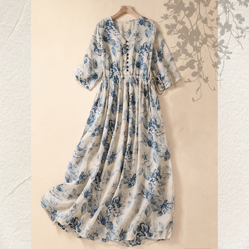 七分袖 花柄ワンピース 綿麻ワンピース 体型カバー 春 夏 【M～3L/4
