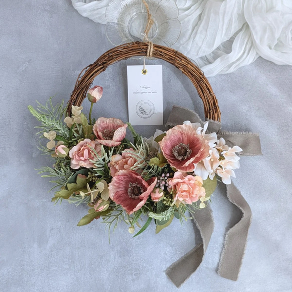 絶妙ピンクなポピーとローズのハーフリース❇優しいアンティークカラー