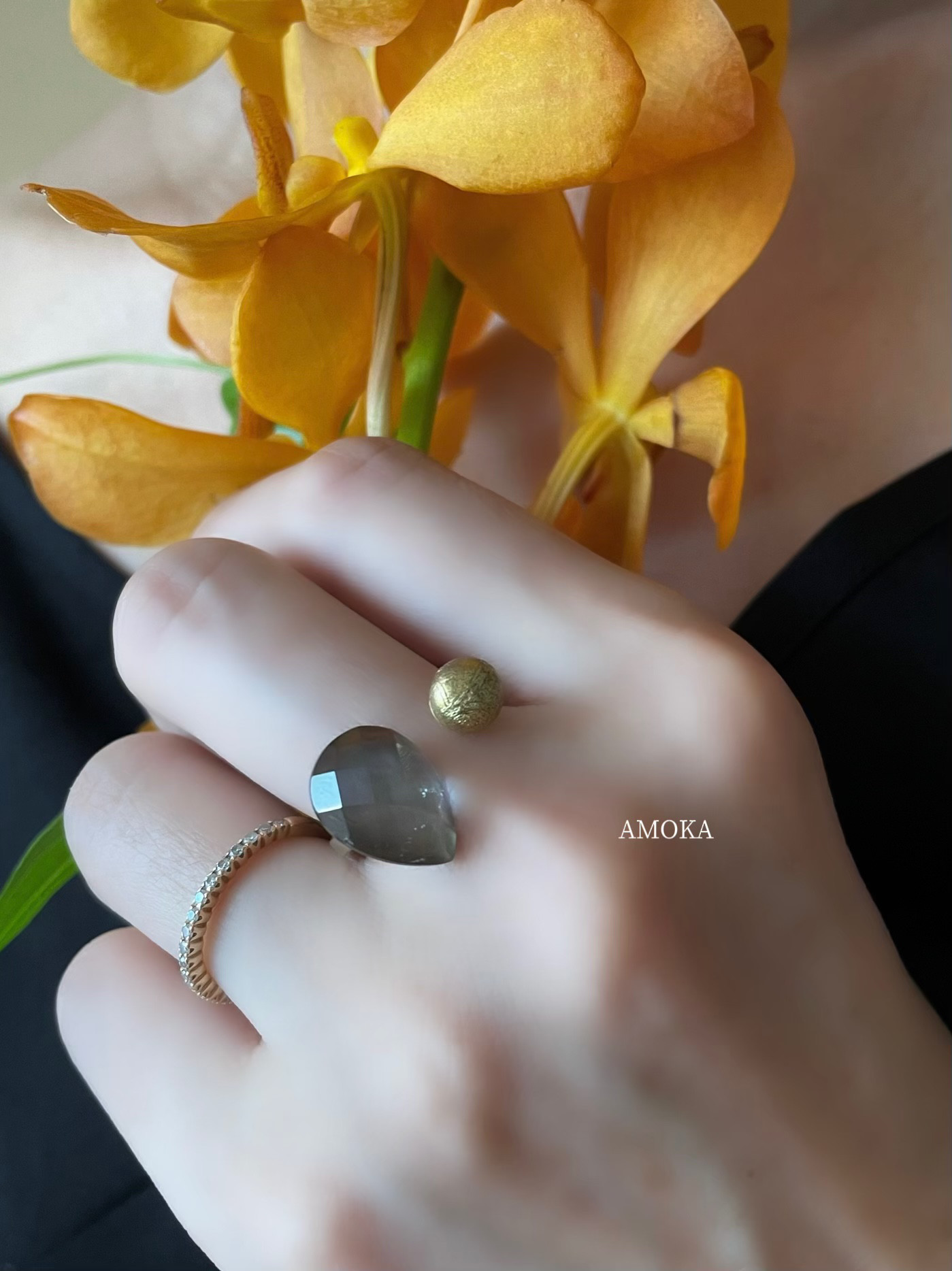 希少【宇宙の叡智】メテオライト×ブラックシェルクリスタル　　　私だけの天然石フォークリング