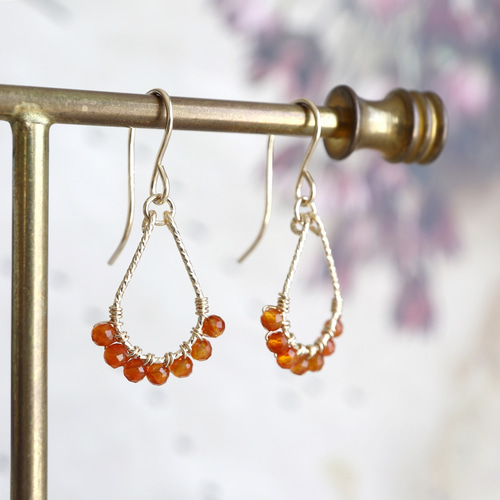 ✿SALE✿ 14kgf カーネリアン 雫 スパークルフープ ピアス