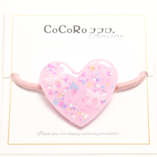 1点のみ レジンヘアゴム 大きなハート ピンク×りぼん ゆめかわラメ