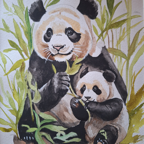 パンダ　絵画　ハンドメイド 水彩画 仲良しパンダ母子 絵画 makochin 通販 18110082｜Creema