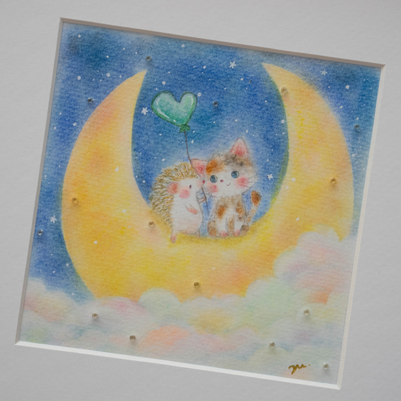 原画・フレーム付き】「三日月の夜空で」 ハリネズミ ネコ パステル