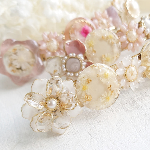 花の雫 バレッタ】レジンアクセサリー お花のバレッタ ホワイト