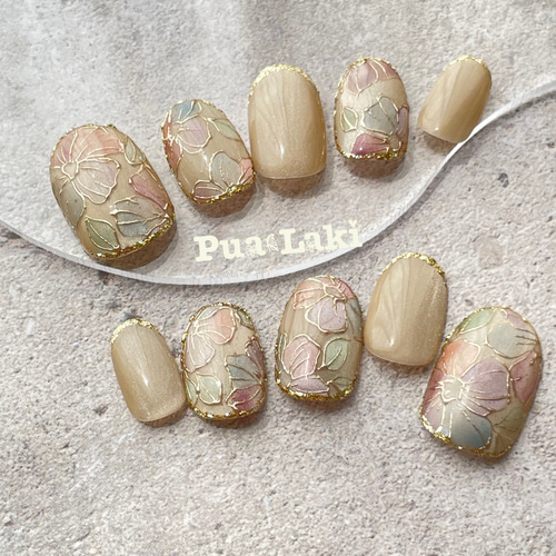 サイズオーダーネイルチップフラワーネイルマグネットベージュ