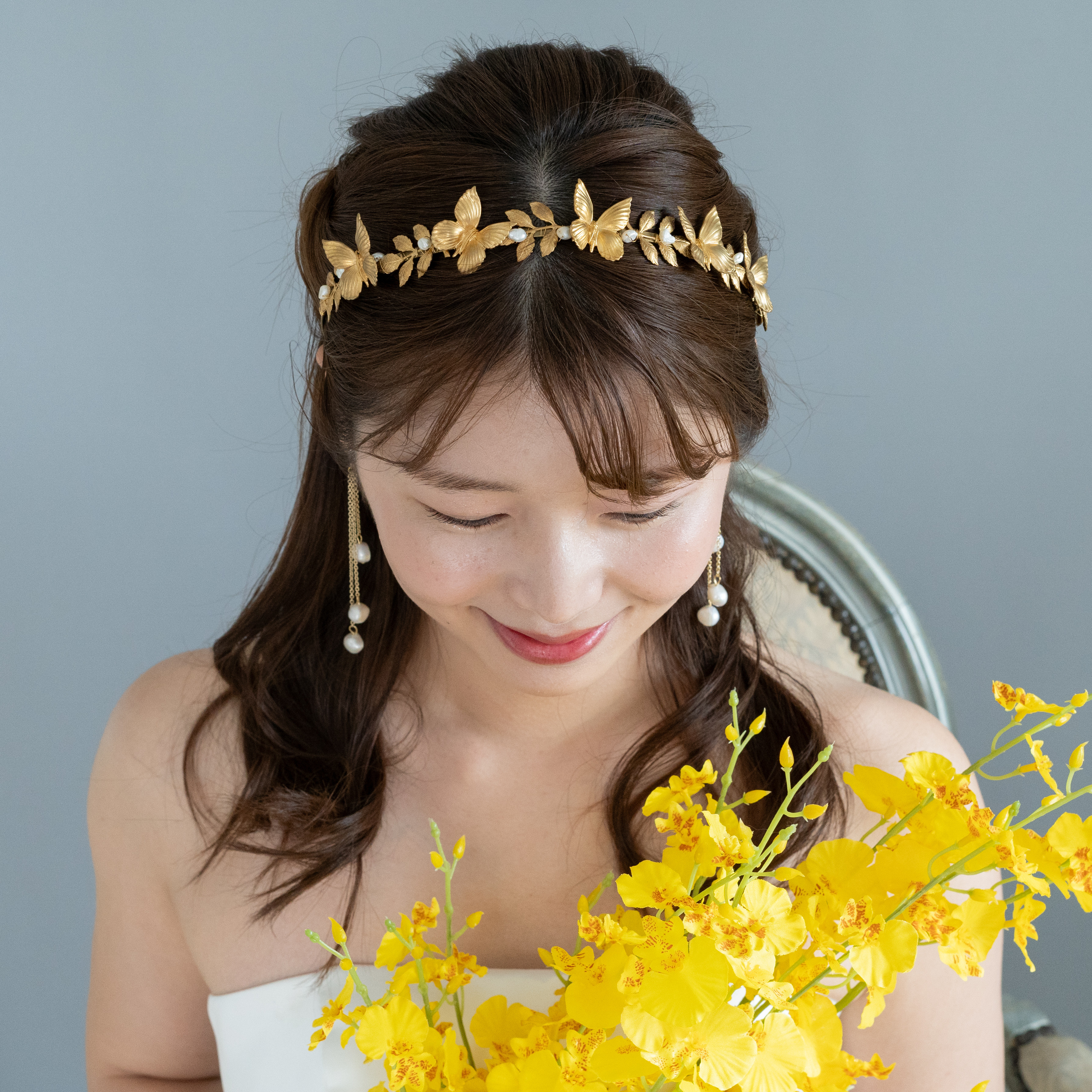 ◇送料無料◇US星真鍮　蝶　淡水パール　ヘッドドレス　ゴールド　カチューシャ　アンティーク　オケージョン