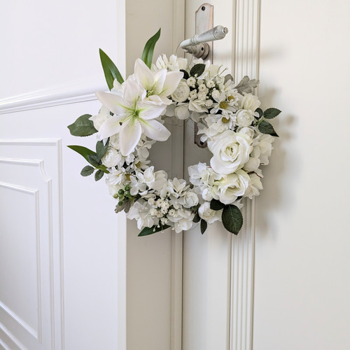 白い百合のリース、ホワイトリリーリース、テーブルフラワー アート