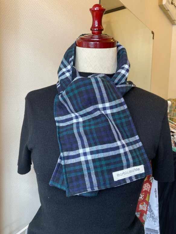 ダブルガーゼ(4重)濃グリーン タータンチェック 首から巻くガーゼ  