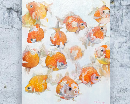 『　アクアリウム (ピンポンパール)　』油絵　油彩画　　原画　イラスト　絵画　手 アクアリウム (ピンポンパール) 』油絵 油彩画 原画 アート 絵画
