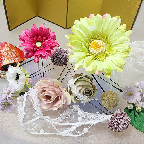 ガーベラ 成人式 髪飾り 振袖 黄緑 シック 和 豪華 袴 水引 Uピン 13点